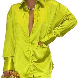 Womens Silk Satin 2 Piece Outfit Long Sleeve Lapel Button Down Tops Wide Leg Pal